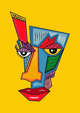 Abstract Face Art on Yellow Background