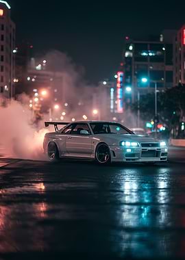 White Nissan Skyline R34 Drifting at Night