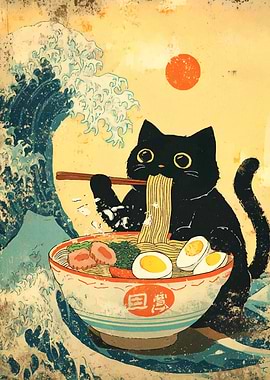 Black Cat Eating Ramen with Great Wave