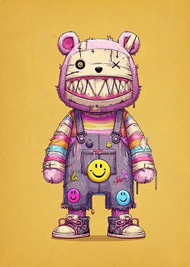 Creepy Smiley Bear in Overalls
