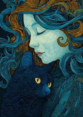 Woman and Black Cat Illustration