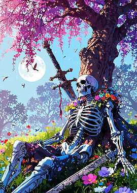 Resting Skeleton with Sword and Flowers