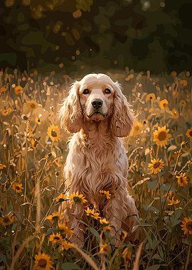 Cocker Spaniel in Sunflower Field