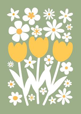 Floral Illustration with Tulips and Daisies