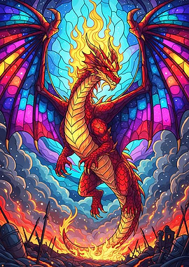 Stained Glass Dragon with Flames