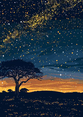 Night Sky Landscape with Tree