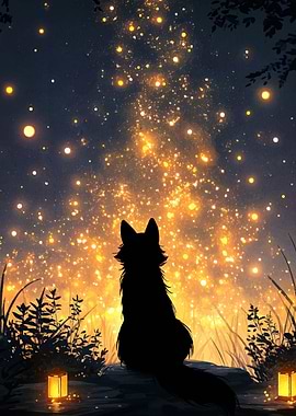 Silhouette Wolf Gazing at Starry Sky