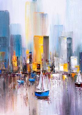 Abstract Cityscape with Sailboats Painting