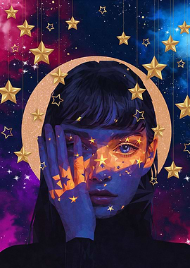 Celestial Portrait with Stars and Moon