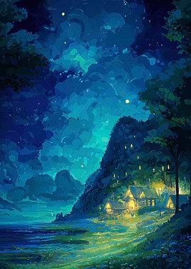 Nighttime Coastal Village Painting