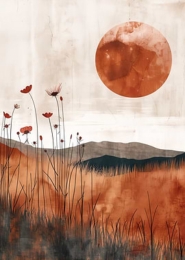 Abstract Landscape with Moon and Flowers