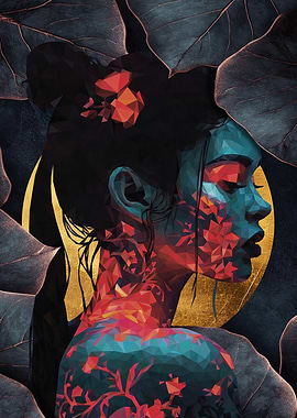 Geometric Woman Portrait with Floral Accents