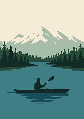 Minimalist Kayaking Lake Scene with Snow Mountains