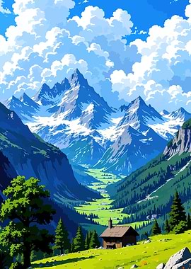 Mountain Valley Landscape with Cabin