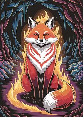 Fox Surrounded by Flames in Forest