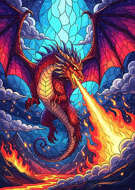 Stained Glass Dragon Breathing Fire