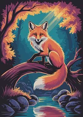 Fox on a Branch by a River