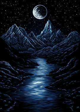 Moonlit Mountain River Landscape