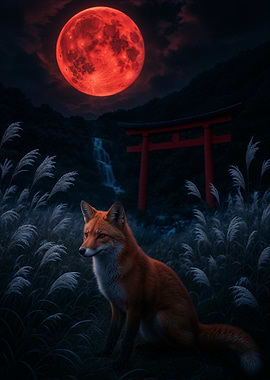 Fox under Blood Moon with Torii Gate