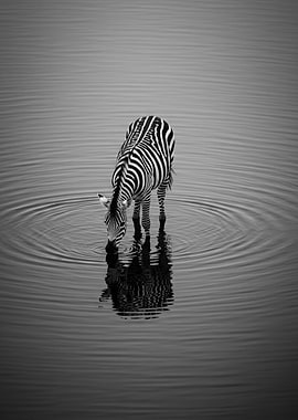 Zebra Drinking Water in Black and White