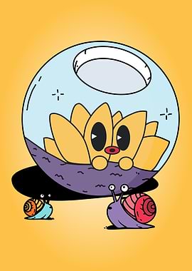 Cartoon Flower in Terrarium with Snails