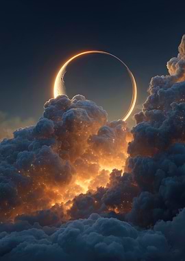 Glowing Crescent Moon Rising Above Fiery Clouds in Dark Night Sky