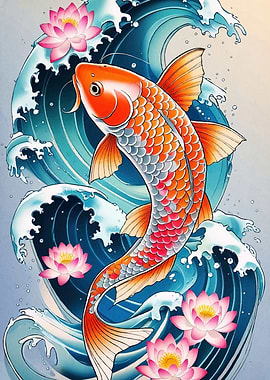Koi Fish Waves Lotus