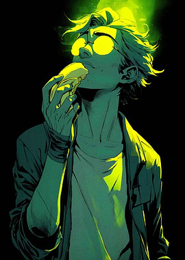 Green-Toned Man Eating Sandwich