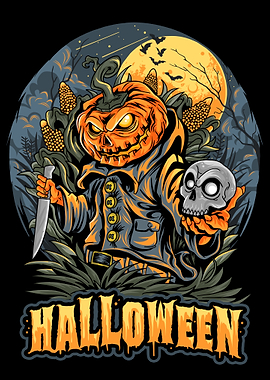 Halloween Pumpkin Character with Skull and Knife