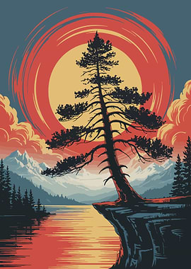 Lone Tree Sunset Landscape Illustration