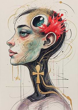 Surreal portrait with ankh and cosmic eye