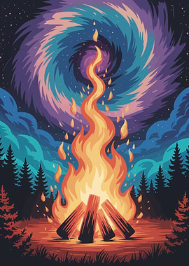 Stylized Campfire Under Swirling Sky