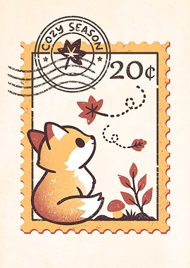 Autumn fox postage stamp