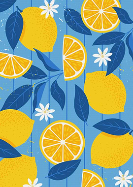 Lemon Pattern with Blue Leaves