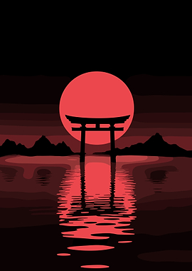 Red Sun Torii Gate Silhouette