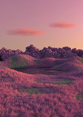 Pink Landscape with Lake and Hills