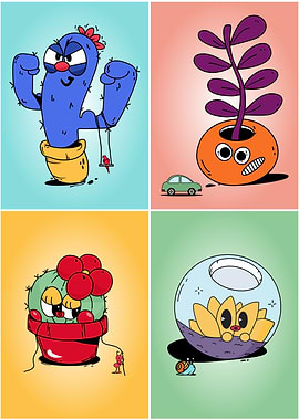 Cartoon Plants with Faces and Expressions