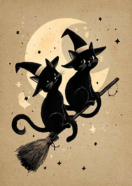 Whimsical Witch Cats on Broomstick