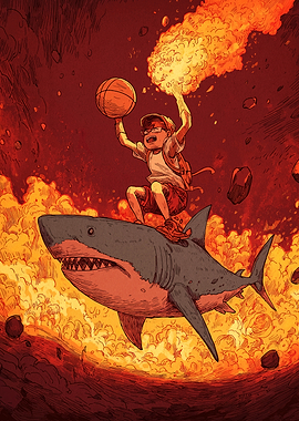Boy riding shark with basketball and fire