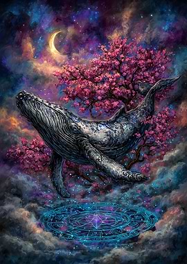 Whale in Dreamy Celestial Landscape
