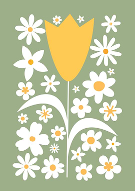Retro Floral Illustration with Yellow Tulip