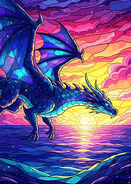 Stained Glass Dragon Over Water