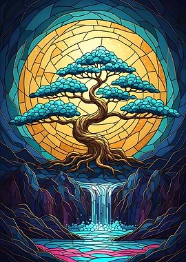 Stained Glass Bonsai Tree Landscape