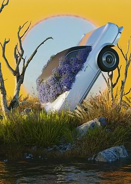 Overgrown Mercedes in a surreal landscape
