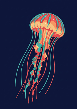 Colorful Jellyfish Illustration on Dark Blue