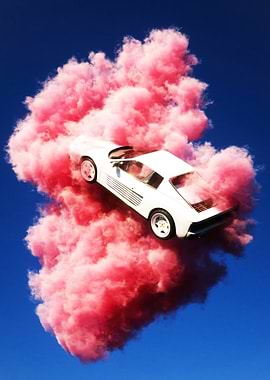 White Car in Pink Smoke Cloud