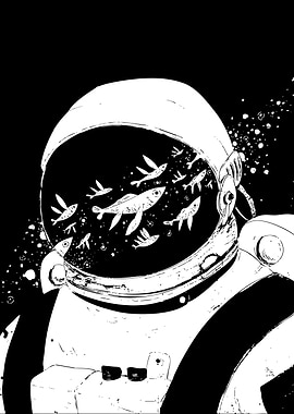 Astronaut with Fish and Birds