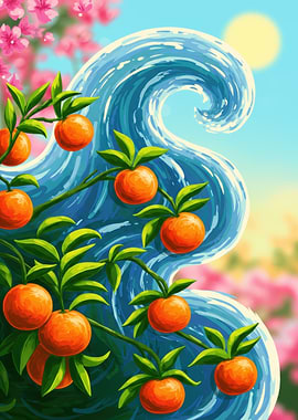 Orange Tree and Wave Illustration