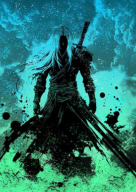 Warrior with Sword in Teal Landscape