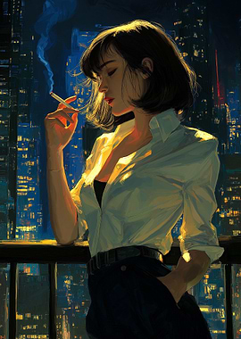 Woman Smoking Cigarette at Night Cityscape